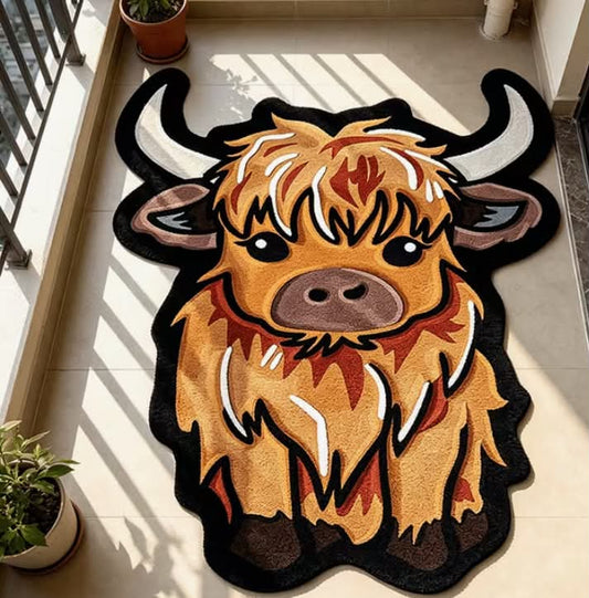 Velvet Rug with a Dotted Plastic Anti-slip Backing, 1 pc. Cute Highland Cow Pattern Irregularly Shaped Rug. Trendy Bedroom Bedside Rug. Soft and Fluffy Rug.