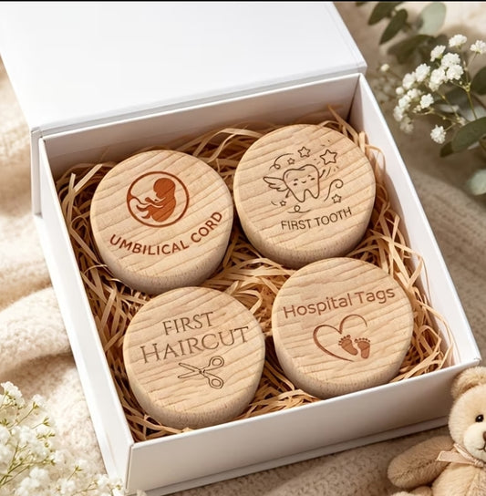 4pcs Wooden Storage Boxes, "First Tooth" Box, "First Haircut" Box, Umbilical Cord Box, "Hospital Tags" Box, Umbilical Cord Souvenir Box, Tooth Preservation Box, Fetal Hair Souvenir Storage Box, Birth Souvenir,