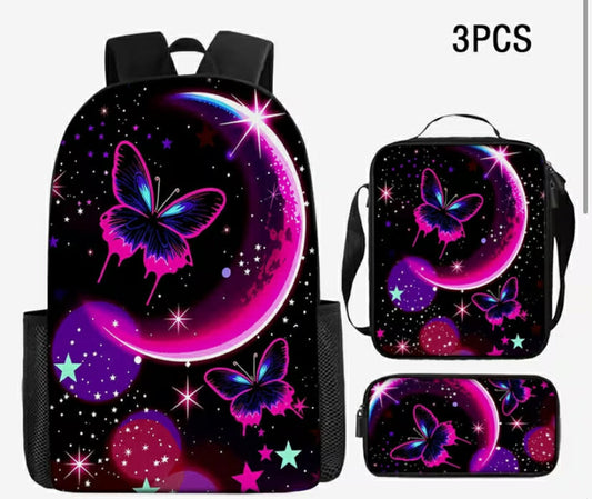 3pcs Purple-Black Moon Butterfly Backpack Set, Butterfly Dream Galaxy Theme, Dreamy Style Design, Suitable for Commuting, School, And Daily Use, Large Capacity Backpack, Perfect Gift