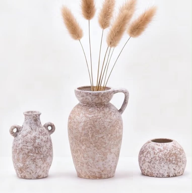 Rustic Flower Vase Set of 3,  Vase Boho Farmhouse Home Decor for Pampas Grass, Living Room, Bookself