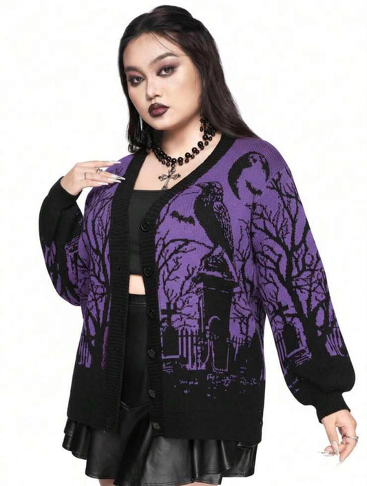 Gothic Horror Crow, Bat, Moon, Graveyard, Tree Branch & Plant Print Plus Size Loose Fit Color block Cardigan,