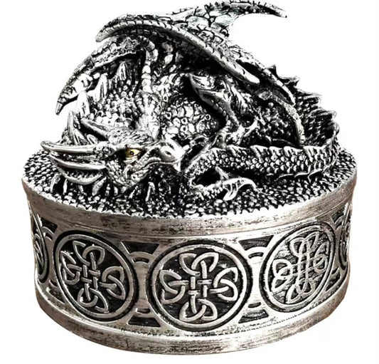 Mythic dragon statue jewellery box, Medieval retro trinket box with dragon lid, Oval shape treasure chest, Old Silver finish