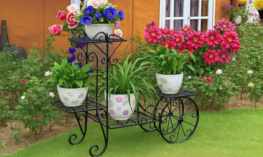 3 Tier Metal Plant Stand Indoor Outdoor, Decorative Flower Pot Display Rack Floor Standing Iron Planter Shelf for Garden, Balcony, Patio, Home Décor, Holds 4 Flower Pots