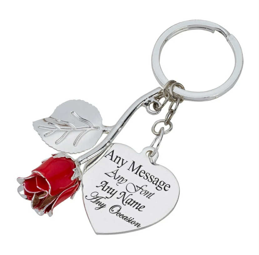 Engraved Silver Plated Red Rose Keyring with Heart Pendant - Any Message Include