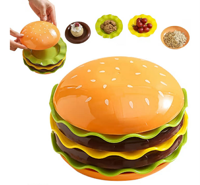 Burger Plate Set, 7 - Piece Stackable Hamburger Plates, Novelty Plastic Snack Dishes for Dips & Sauces, Colourful Stackable Dinnerware for Parties, Compact Kitchen Gift for Burger Fans (7 Pack)