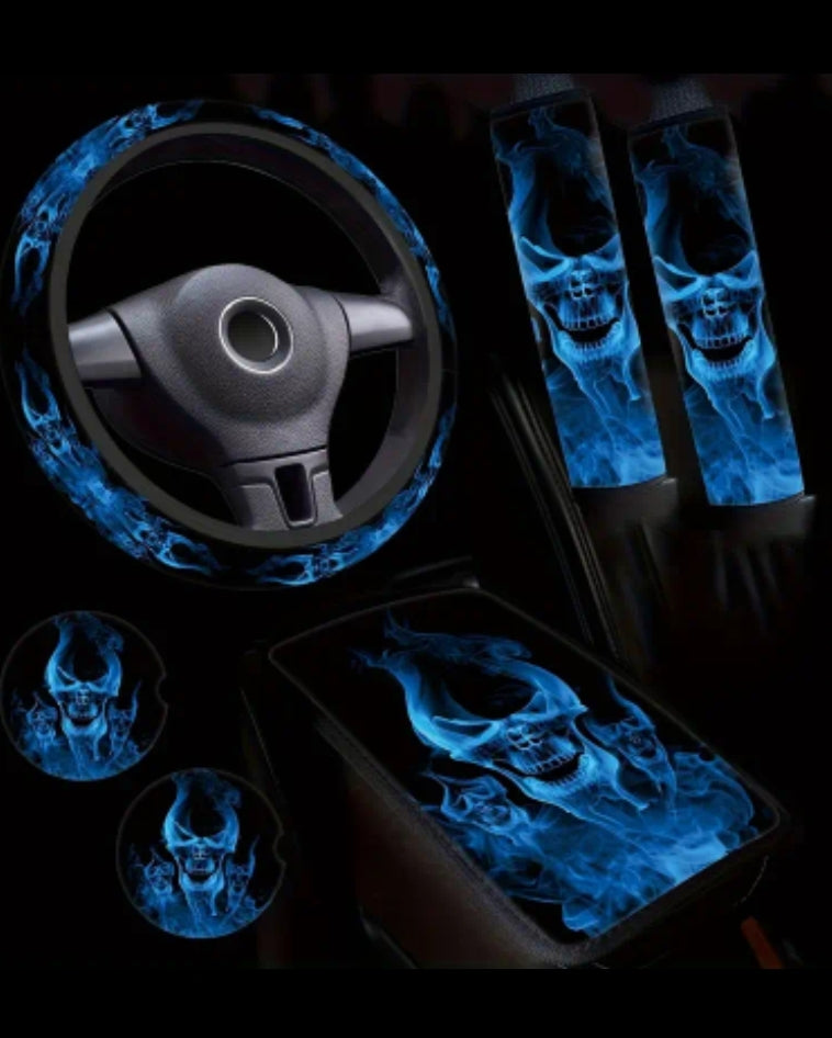 Blue Flame Skull Print 6 pcs Set (1 Steering Wheel Cover +1 Center Armrest +2 Seat Belt Shoulder Covers +2 Coasters)