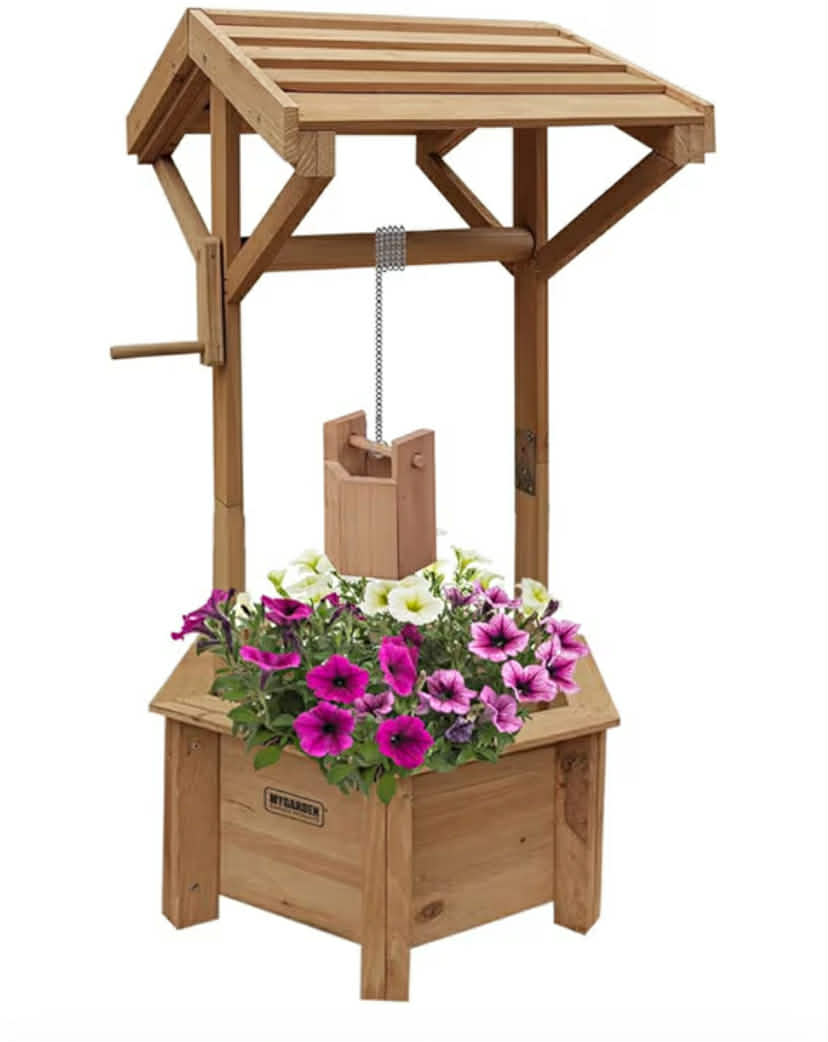 Technologies Wooden Wishing Well Planter, Garden Feature Outdoor Flower Pot Backyard Decor, Natural