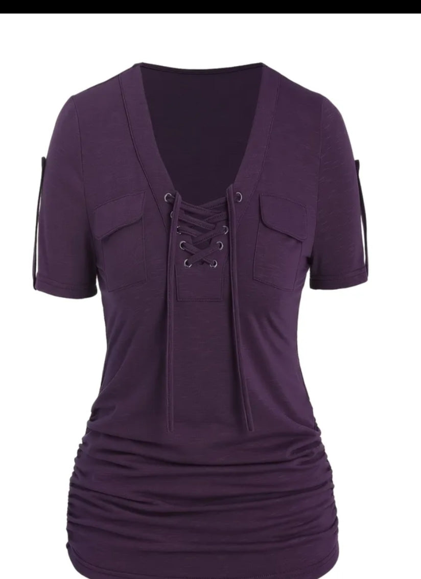 Plus Size -Designed Casual Style Front and Center Eyelet Lace-Up Short Sleeve T-Shirt
