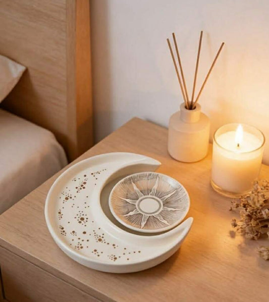 2 pcs Creative Ceramic Moon & Sun Jewelry Tray, Earring Ring Necklace Display Holder, Desk Organizer, Perfect Birthday Gift For Home Storage