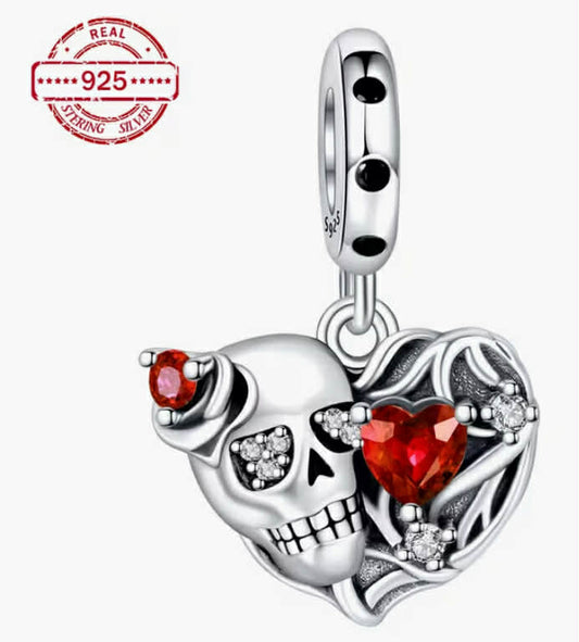 S925 Sterling Silver Charm Featuring a Skeleton Skull Heart, Designed