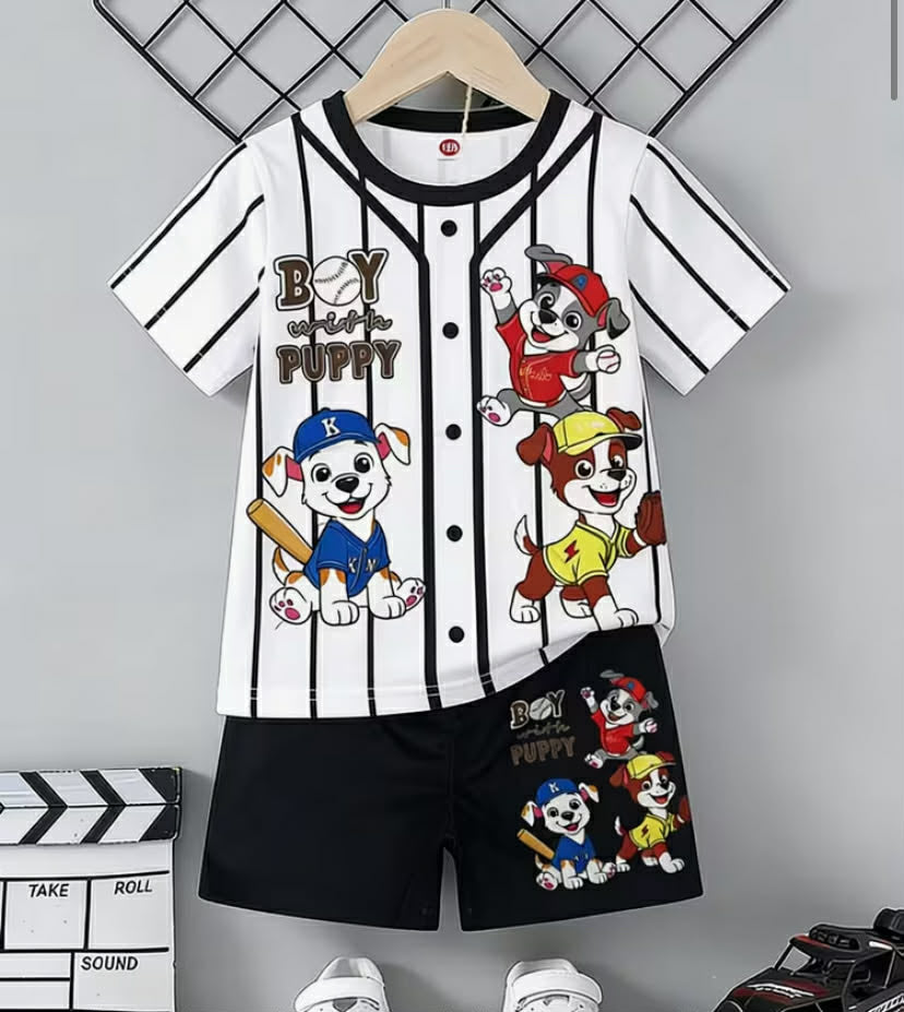 2pcs Set, Featuring a Baseball-style Striped T-shirt with a Cartoon Puppy Print