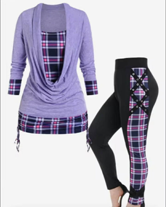 Clothes Purple Patchwork Grid Pleated T-Shirt Slim Pants