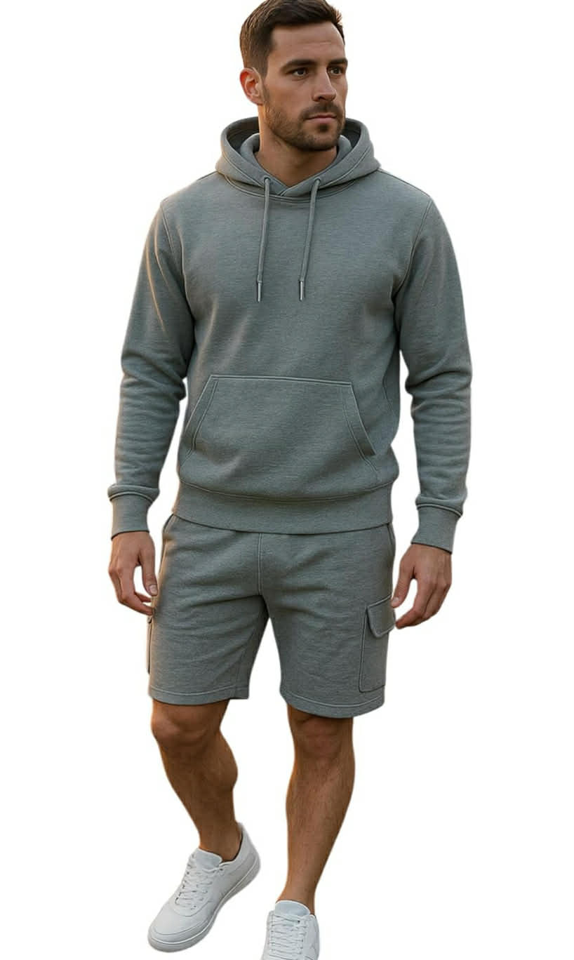 Men’s Tracksuit Set – Casual Pullover Hoodie & Cargo Shorts Co-ord Set Sports Gym Everyday Comfort Top & Bottom