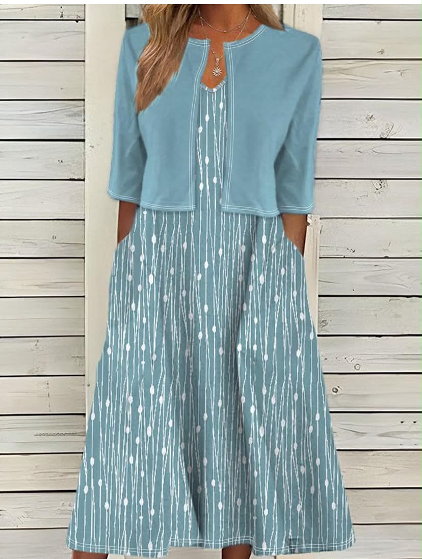 Women’s 2 Piece Dress Set Cropped Jacket and Flared Skirt Striped Print Light Green