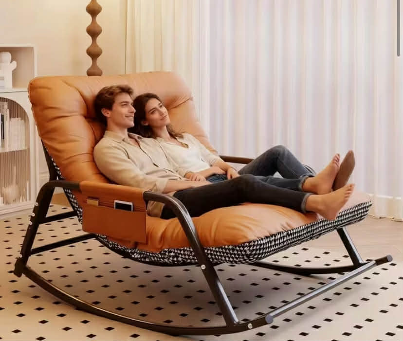 [Nordic Rocking Sofa] Modern Bedroom Rocking Chair, Indoor Two-Seater Sofa Lounge Chair with Cushion, Nordic Style Double Recliner, Simple and Romantic Design, Armrest Included, Reversible Use, Dual Support for Stress-Free Comfort, Soft Fabric