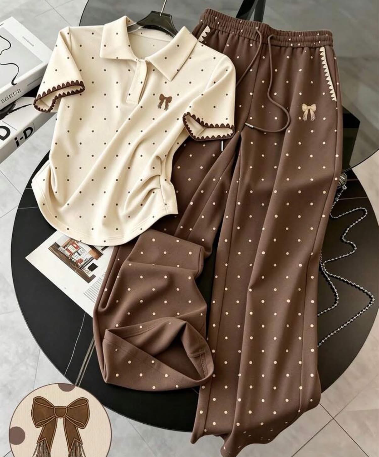 Franclia Polka Dot Digital Print Embroidered Fashionable Minimalist Women's Polo Collar T-Shirt + Pants Set,