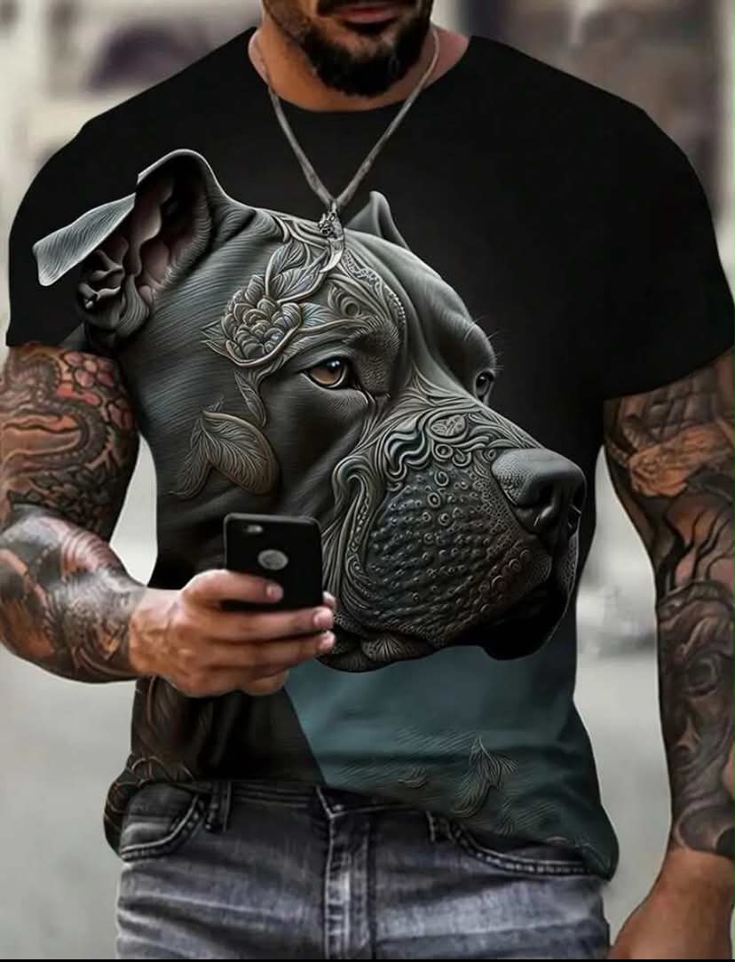 Casual Men's Elastic T-Shirt - Dog Print Round Neck Street Style T-Shirt, 100% Polyester, Lightweight & Breathable