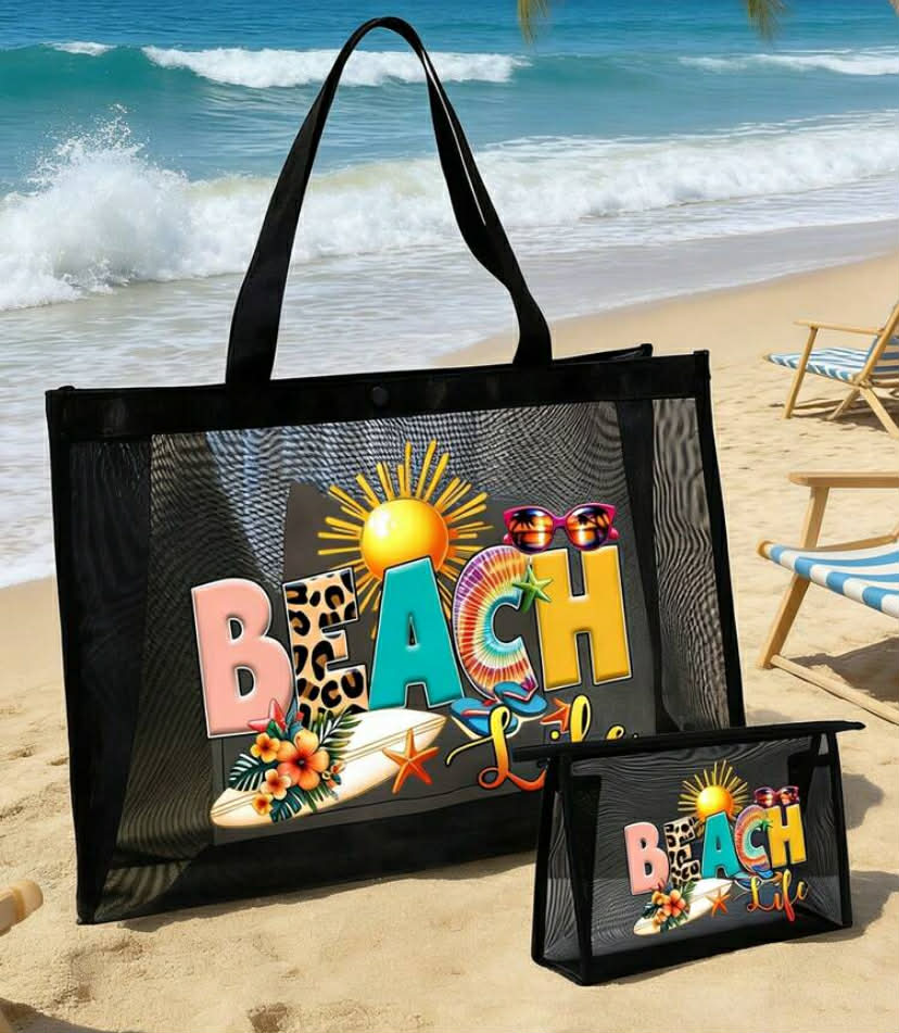 Mesh Beach Bag With "Salty Beach" Summer Print, Including Shopping Tote, Beach Bag, Hawaii Style Transparent Pouch,