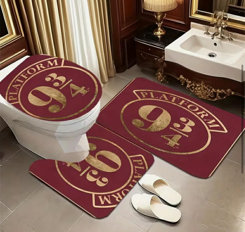 3 pcs Soft Absorbent Bathroom Mats, Harry Potter Printed Bathroom Mat Set, Includes Bath Mat, Toilet Lid Cover, And U-Shaped Mat,