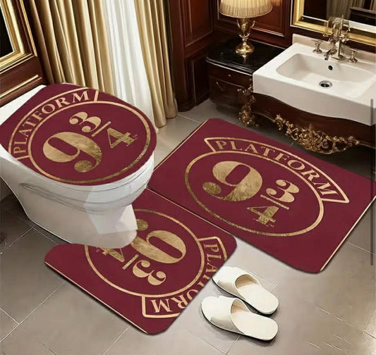 3 pcs Soft Absorbent Bathroom Mats, Harry Potter Printed Bathroom Mat Set, Includes Bath Mat, Toilet Lid Cover, And U-Shaped Mat,