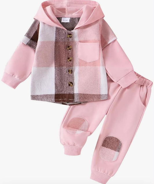 Toddler Baby Girl Clothes  Fall Outfits Long Sleeve Contrast Color Hoodie Plaid Sweatshirt Top Tracksuit Pants Set