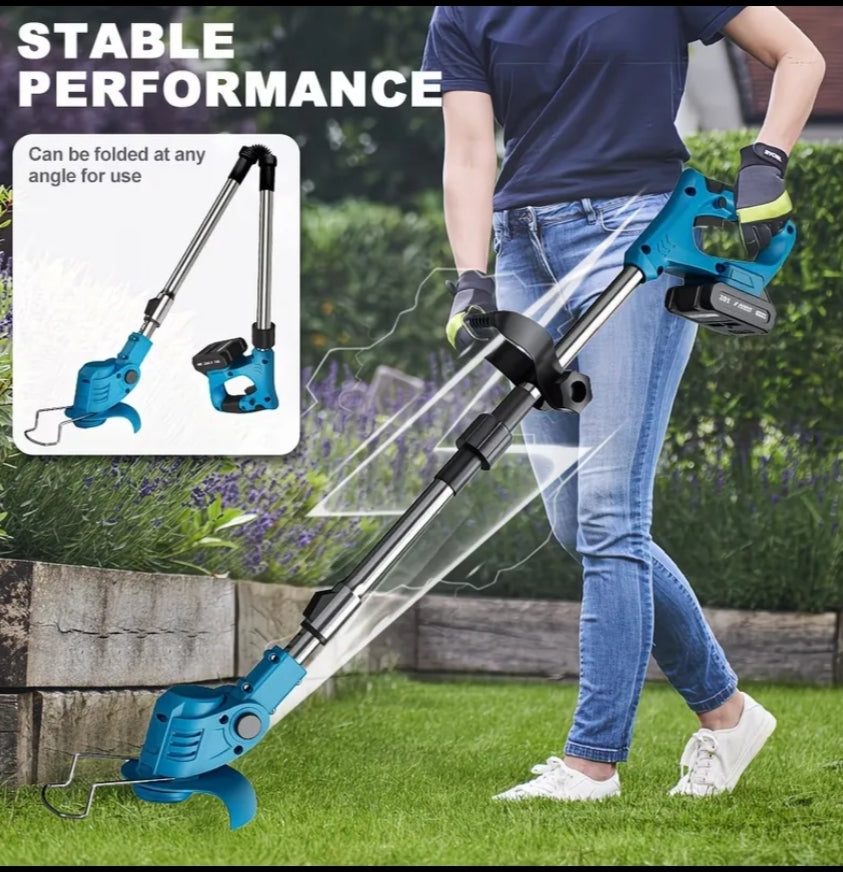 Machine ONLY Cordless Grass Trimmer, 3-in-1 Upgraded Electric Grass Trimmer with 2pcs 2.0Ah Large Capacity Battery, Pure Copper Motor, Telescopic & Foldable Handle, Removable Wheels, 360°Adjustable, Lawn Mowing, Weed Eater, Garden Edging, Landscaping, for