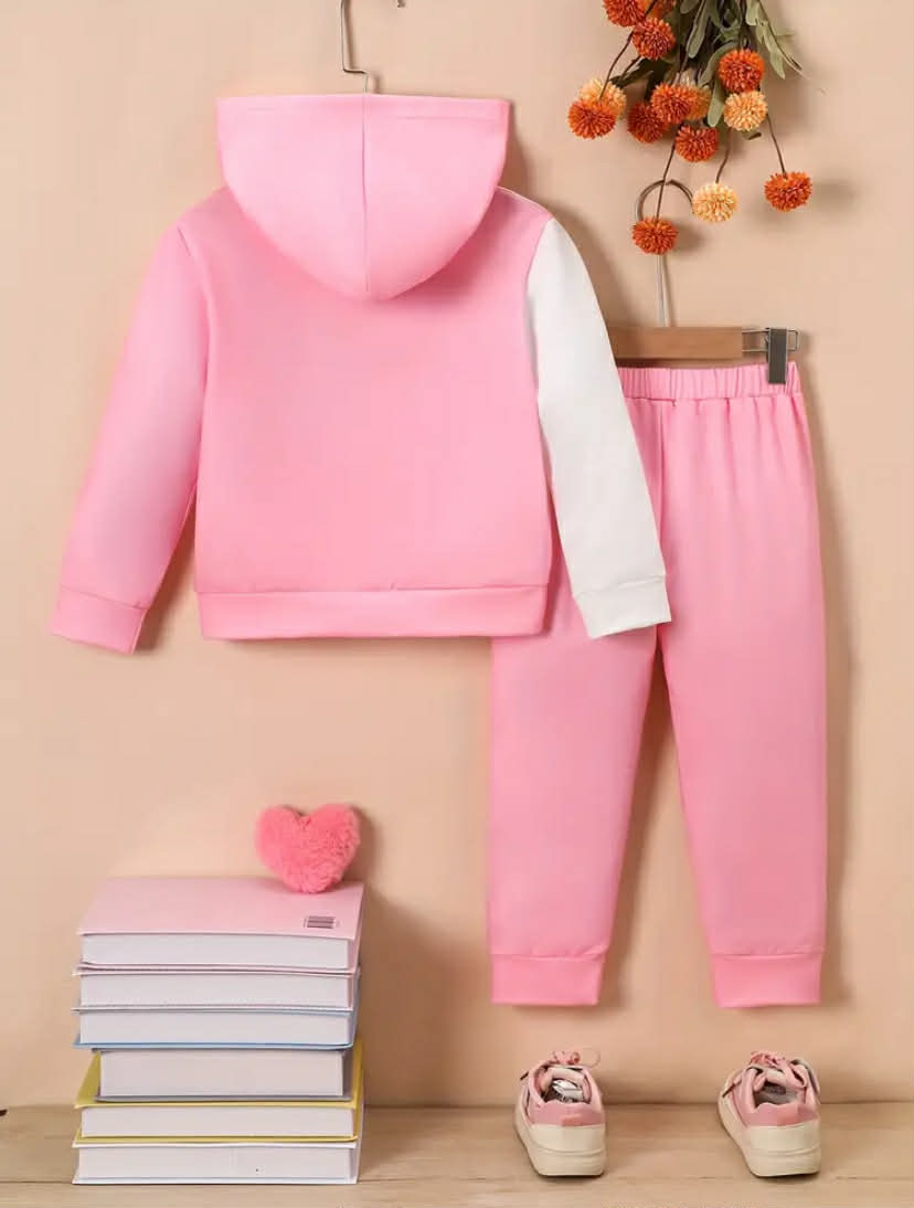 A two-piece set of cute letter cartoon animal printed hoodie and printed pants for girls in autumn and winter, suitable for outdoor casual wear