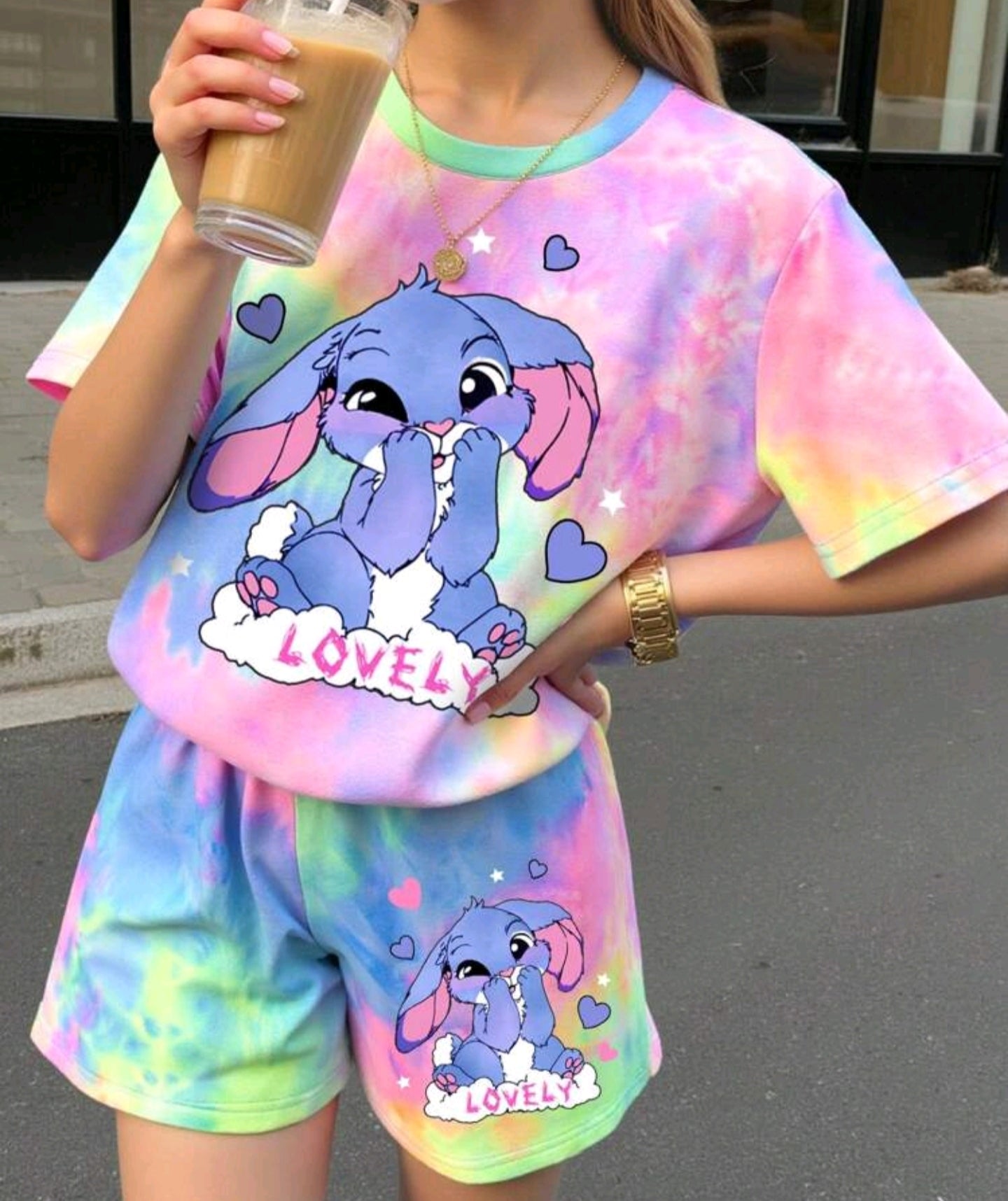 2-Piece Set Blue Rabbit Pattern, Fresh Tie-Dye, Tween Girl Casual Minimalist Short Sleeve Shorts