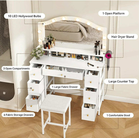Dressing Table with Stool Set 10 LED Bulbs  Vanity Desk 7 Drawers Storage White