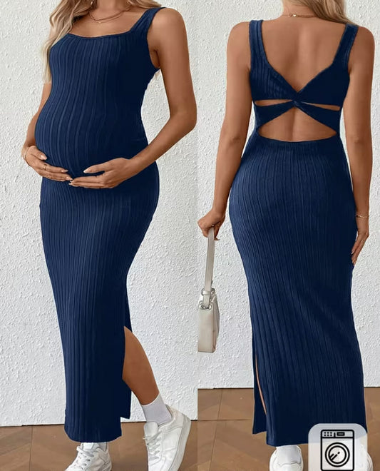 Maternity Sleeveless Dress - Solid Color Twist Back Split Hem Pregnancy Dress Suitable for Summer, Machine Washable Prenatal Wear for Hospital Visits, Ultrasound Appointments & Casual Outfits (Comfortable & Stylish)