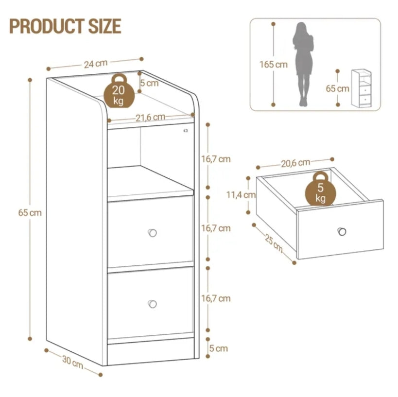 Set of 2 Slim Bedside Table, Narrow Side Table with 2 Drawers, Bedside Cabinet with Open Compartment, Adjustable Drawer Position for Bedroom, Living Room, 30 X 24 X 65cm