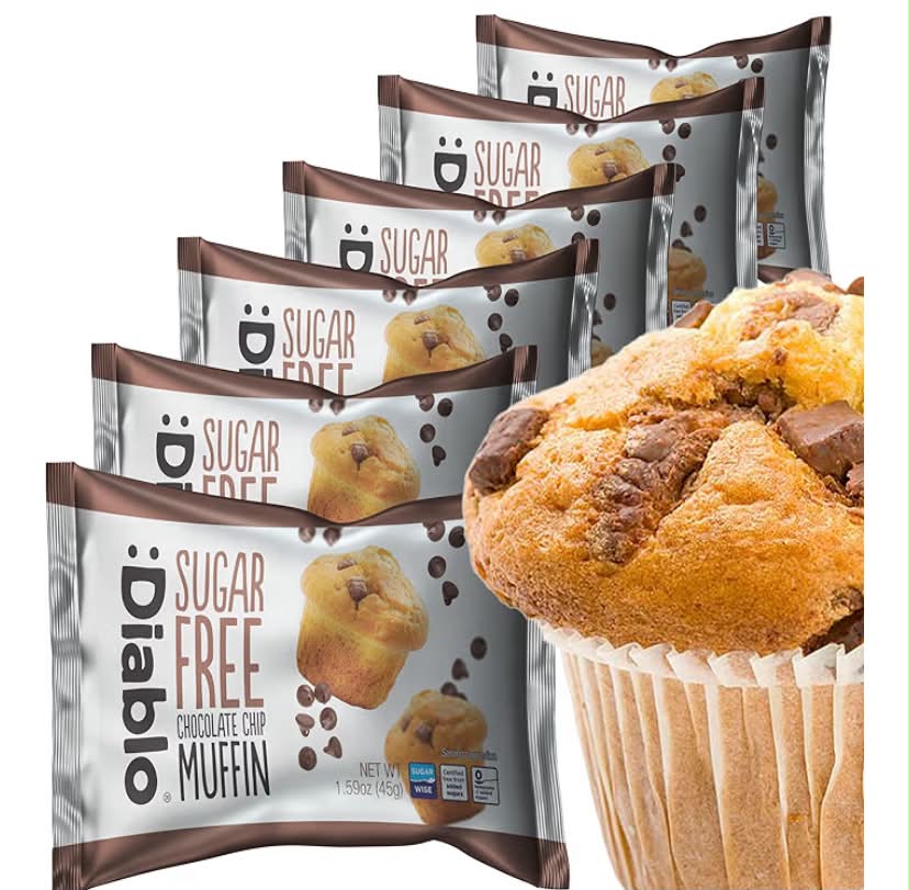 Diablo Sugar Free Chocolate Chip Muffin Cupcake - Sweetened with Maltitol, Halal & Kosher Approved, Sugar Free Snacks - 45g Each, Pack of 6