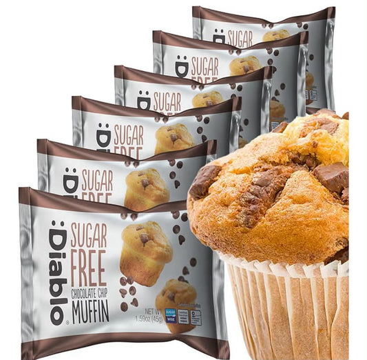 Diablo Sugar Free Chocolate Chip Muffin Cupcake - Sweetened with Maltitol, Halal & Kosher Approved, Sugar Free Snacks - 45g Each, Pack of 6