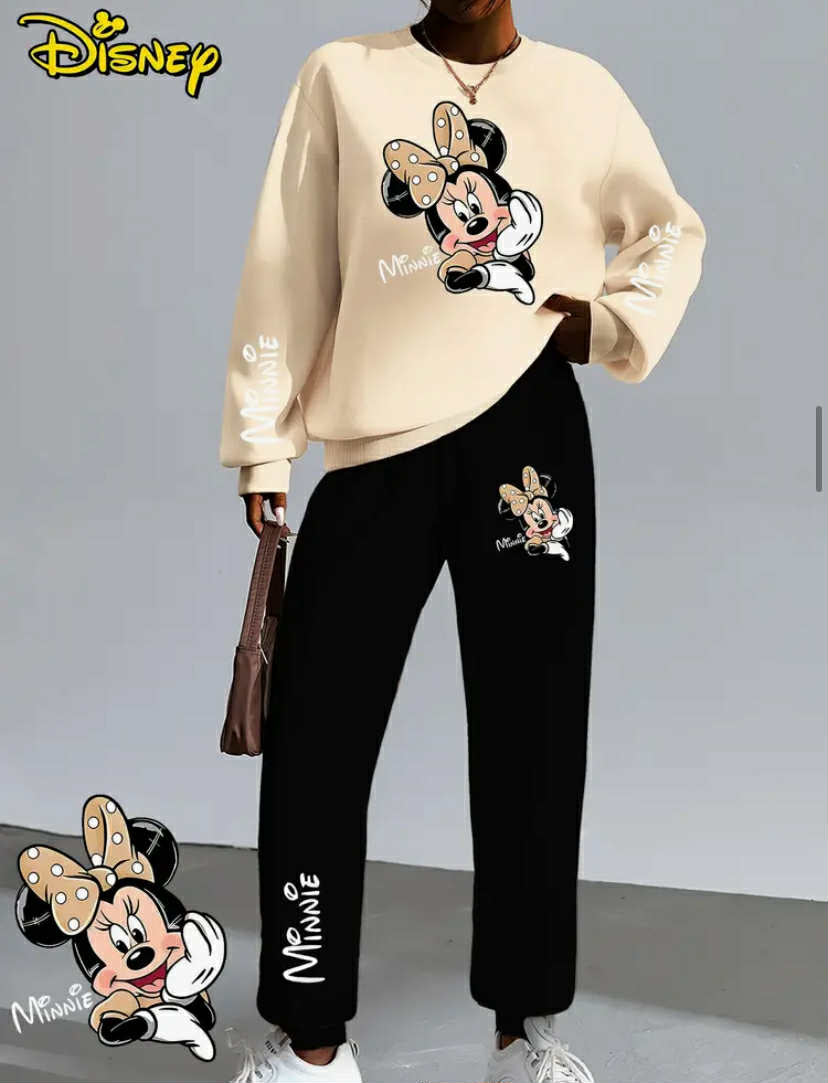 Disney Officially Licensed Minnie Polka Dot Bow Print | Women'S Two-Piece Set with Round Neck Hoodie and Black Pants
