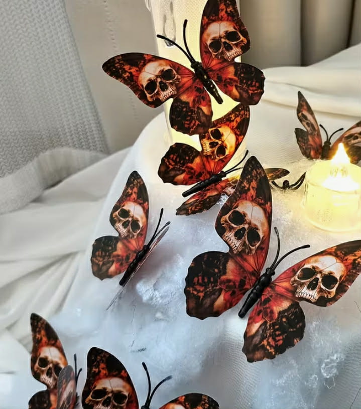 A Set of 12pcs  3D Skeleton Butterfly Stickers for Halloween Wall Decoration