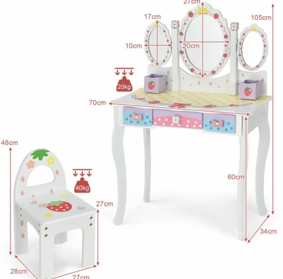 Kids Vanity Table and Chair Set, 2in-1 Makeup Dressing Table with Detachable Tri-Folding Mirror and Storage Drawers, Pretend Kids Vanity Set for Little Princess, White