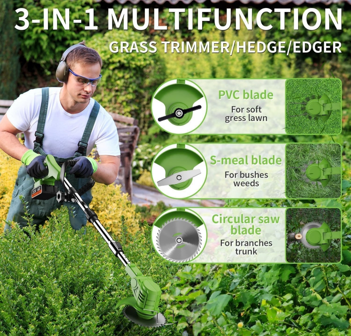 Cordless Strimmer Metal Blade 21V Grass Trimmers, Electric Garden Strimmer cordless, 15cm Cutting Diameter Blade, Battery Strimmer Cordless for Small and Medium Gardens Clearing Shrub Weeds Flower