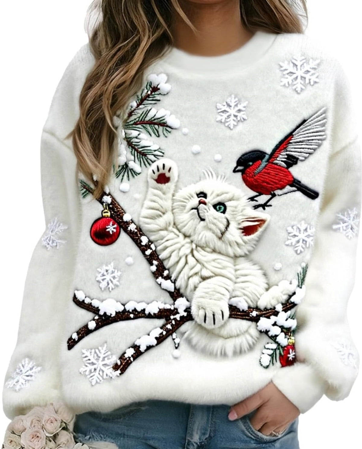 Ladies Christmas Sweatshirt  Snowflakes with a cat Printed