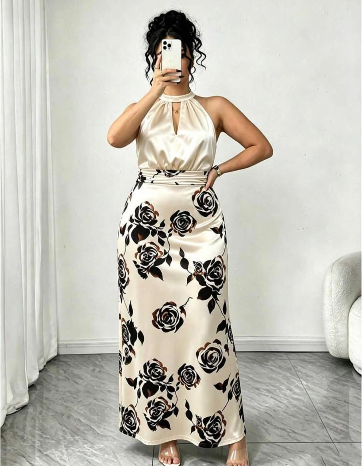 Elegant Rose Satin Maxi Dress