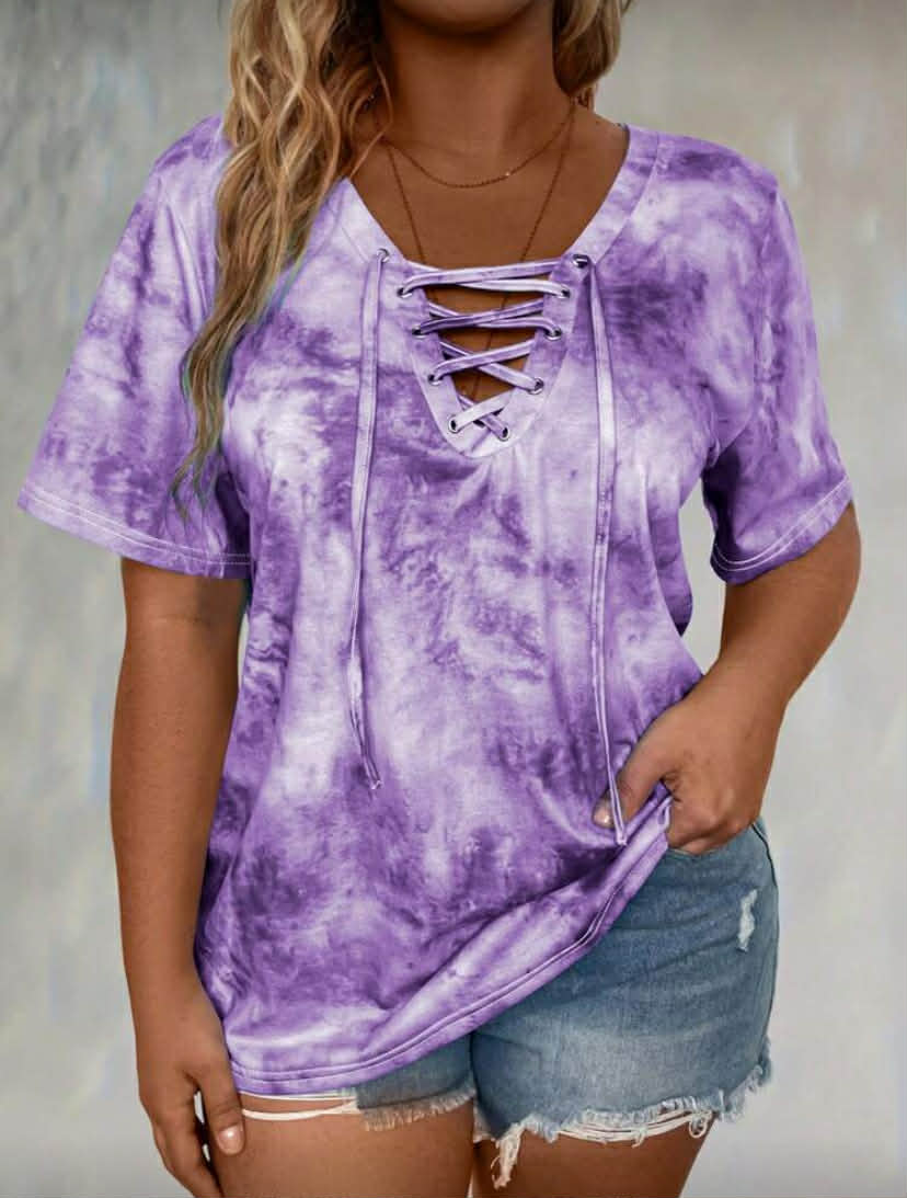 Tie Dye Lace Up Front Tee Graphic Tees Women Tops