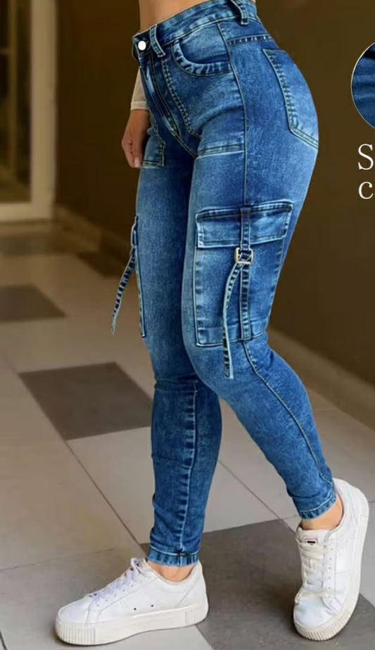Blue High-Waisted Stretchy Comfortable Plus-Size Women'S Fitted Denim Long Pants