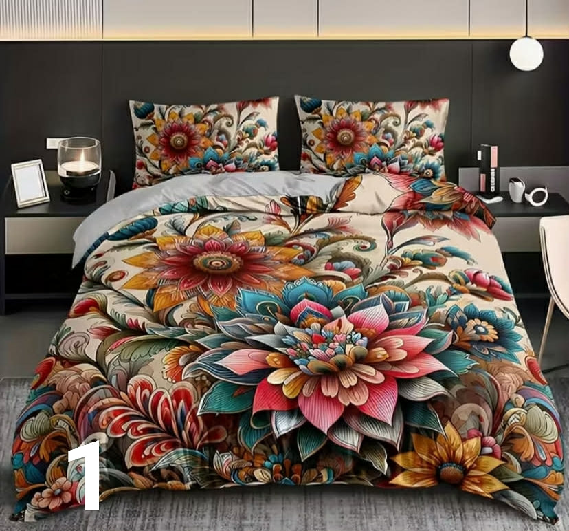 Duvet Cover Set Featuring High-Definition Printed Bohemian Mandala Floral Designs for Home Or Dorm Use.