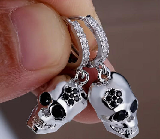 Pair Of Silvery Exaggerated Black Skull  Celebration Earrings