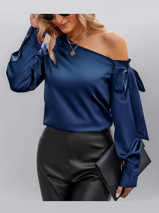Women's Silk Satin Shirt Blouse Long Sleeve Off The Shoulder Tops Ladies Casual Going Out Tops