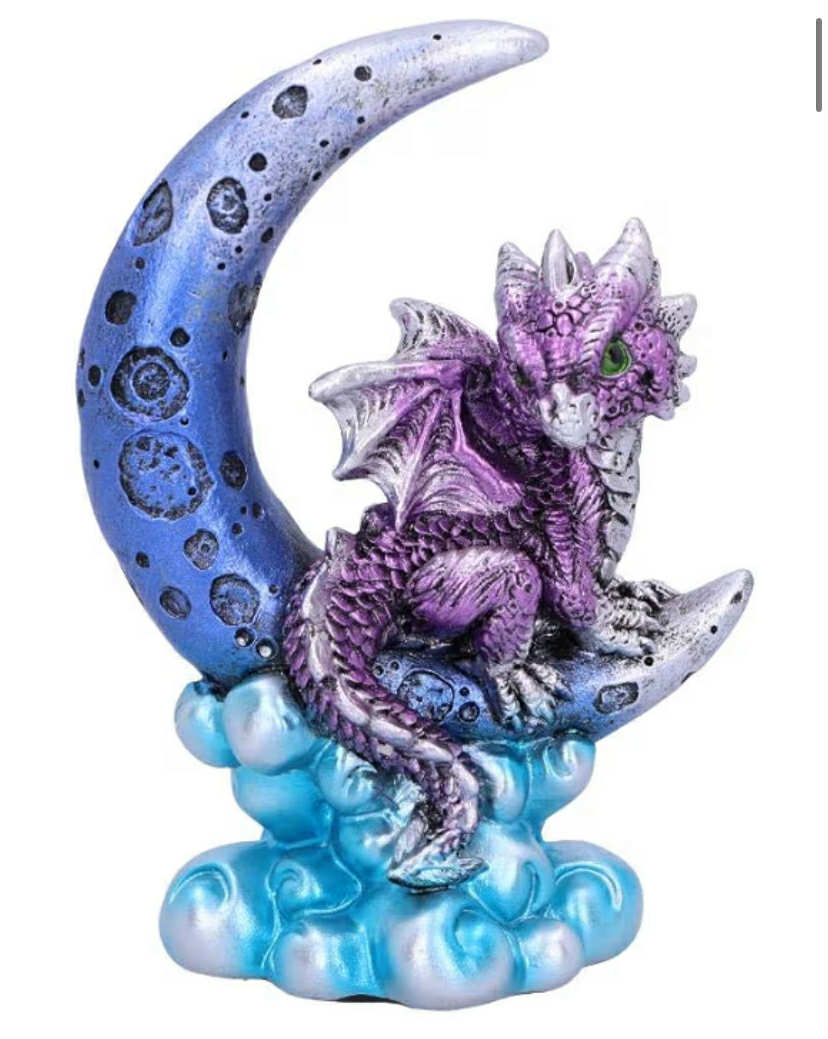 Metallic Purple Crescent Creature Moon Dragon Figurine, Polyresin, One Size