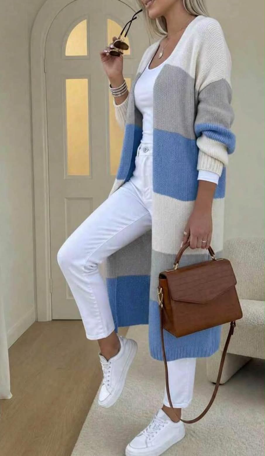 Casual Color block Striped Long Sleeve Knit Cardigan For Women