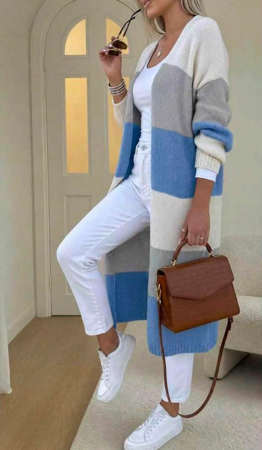 Casual Color block Striped Long Sleeve Knit Cardigan For Women