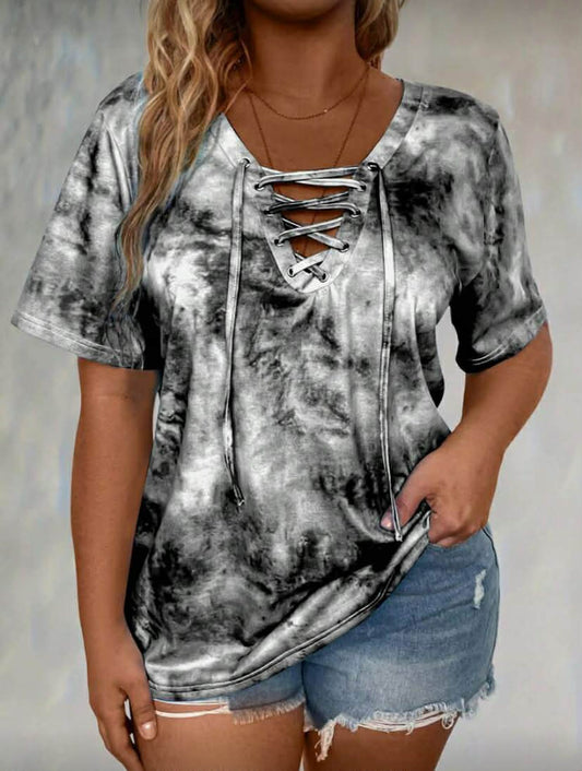 Tie Dye Lace Up Front Tee Graphic Tees Women Tops