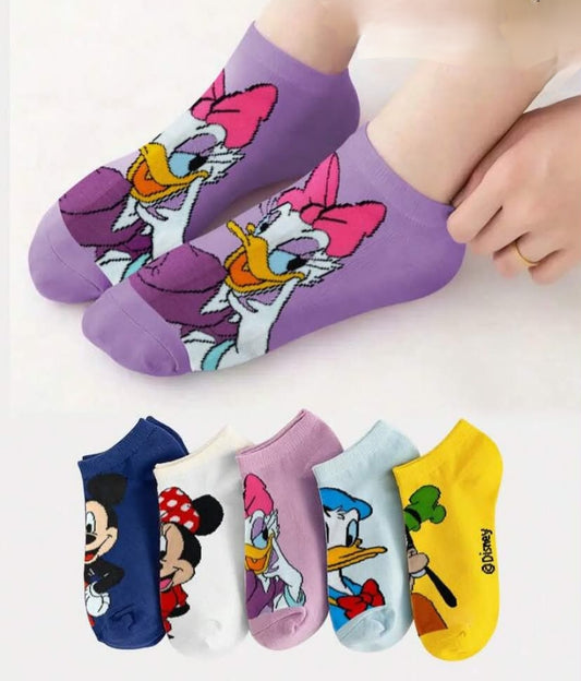 Disney 5 Pairs Women's Cartoon Character Printed Ankle Socks, Comfortable Breathable Fashion Socks For Summer