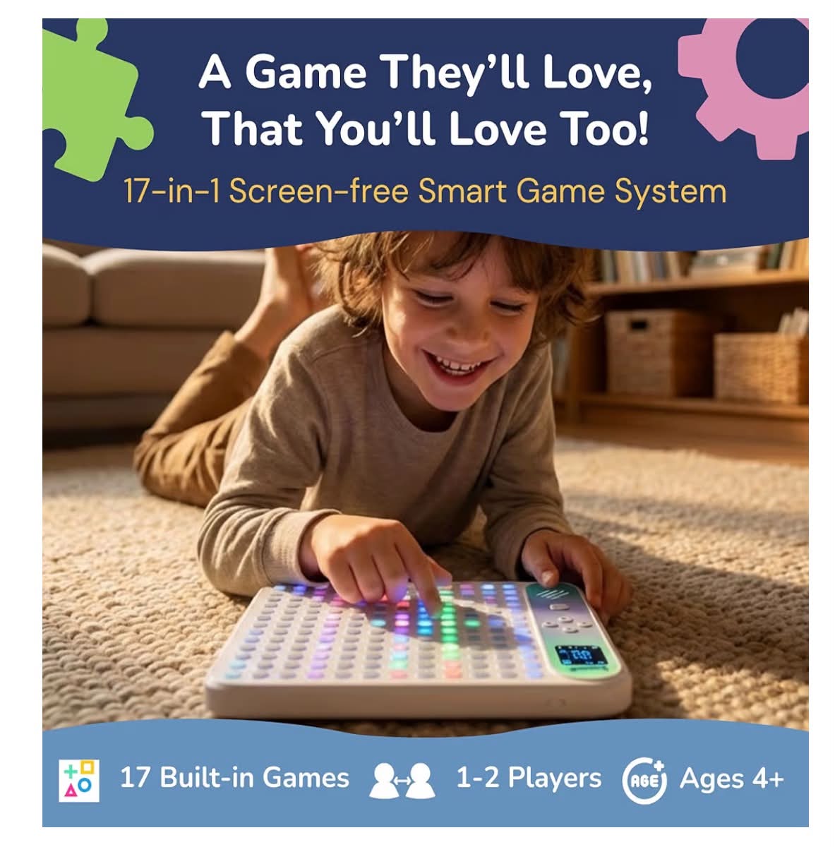 Smart Playpal 17-in-1 Screen-free Electronic Handheld Game for Ages 4+ Smart AI Opponent, 1–2 Players, 169 Touch Lights USB‑C Rechargeable  Travel Game for Kids and Adults